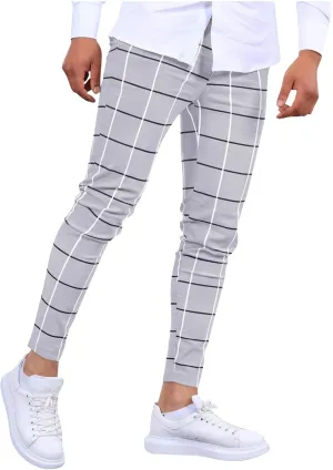 Mens Golf Pants Slim Fit Plaid Skinny Long Pants Casual Fashion Stretch Cotton Chino Pants with Pockets
