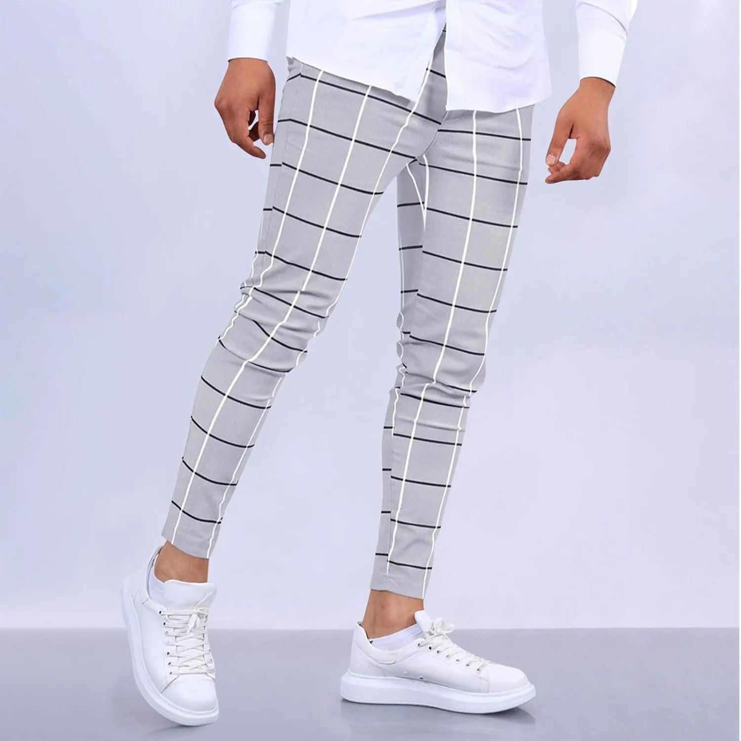 Mens Golf Pants Slim Fit Plaid Skinny Long Pants Casual Fashion Stretch Cotton Chino Pants with Pockets