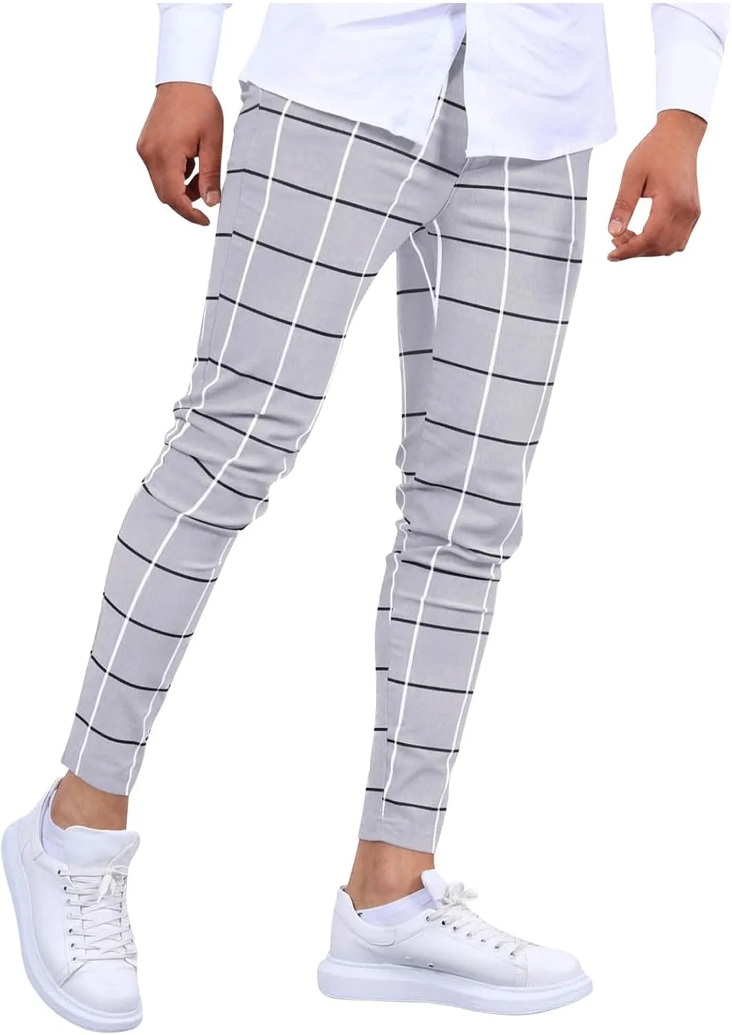 Mens Golf Pants Slim Fit Plaid Skinny Long Pants Casual Fashion Stretch Cotton Chino Pants with Pockets