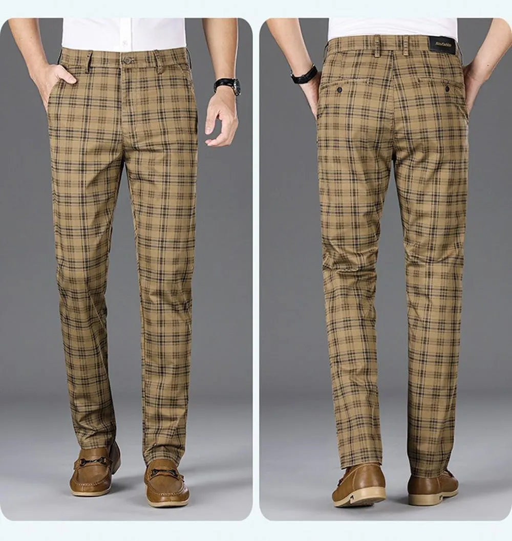 Mens Plaid Business Dress Pant  Mens Slim Fit Tapered Stretch Retro Chino Pants with Pockets for Casual Wear
