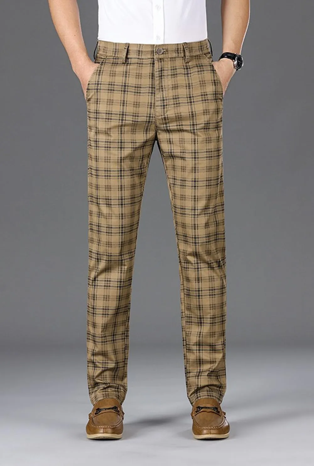 Mens Plaid Business Dress Pant  Mens Slim Fit Tapered Stretch Retro Chino Pants with Pockets for Casual Wear