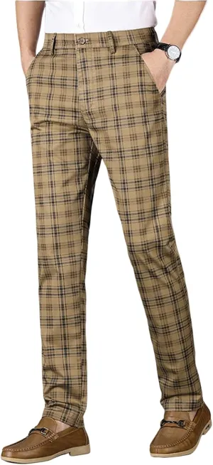Mens Plaid Business Dress Pant  Mens Slim Fit Tapered Stretch Retro Chino Pants with Pockets for Casual Wear