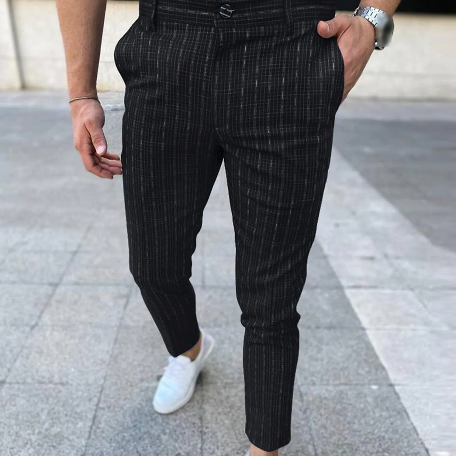 Men's Plaid Casual Dress Pants Stripe Printed Chino Pencil Trousers Slim Fit Stretch Flat Front Skinny Pant
