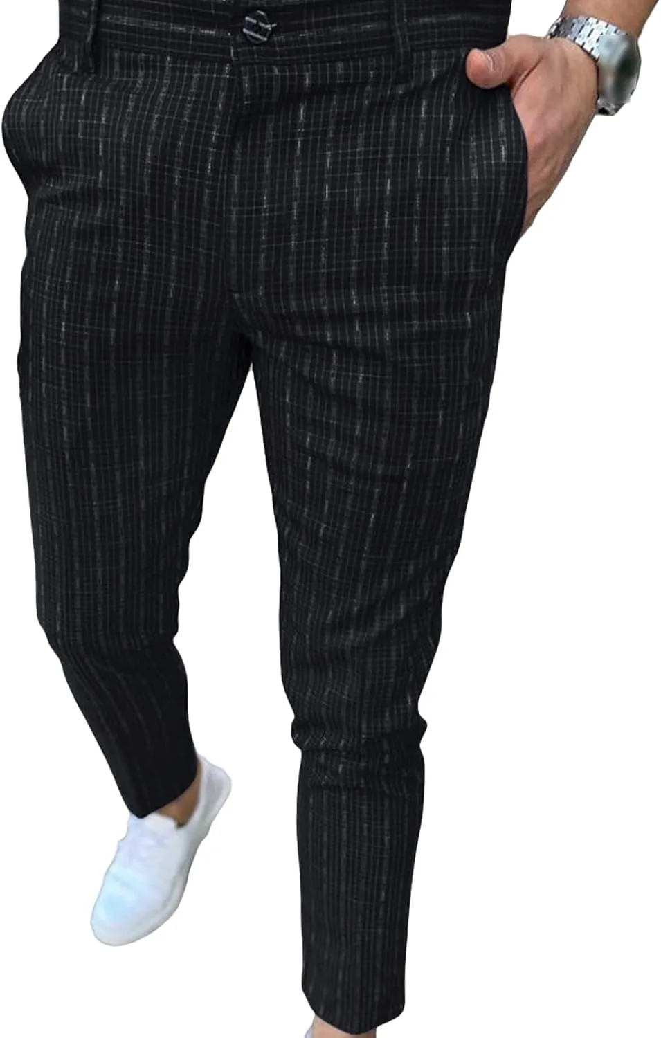 Men's Plaid Casual Dress Pants Stripe Printed Chino Pencil Trousers Slim Fit Stretch Flat Front Skinny Pant