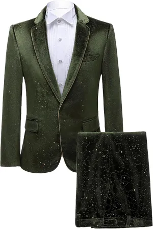 Mens Print Velvet Blazer Suit Set 2 Piece One Button Slim Tuxedo Suit Wedding Banquet Prom Suit Jacket Pants