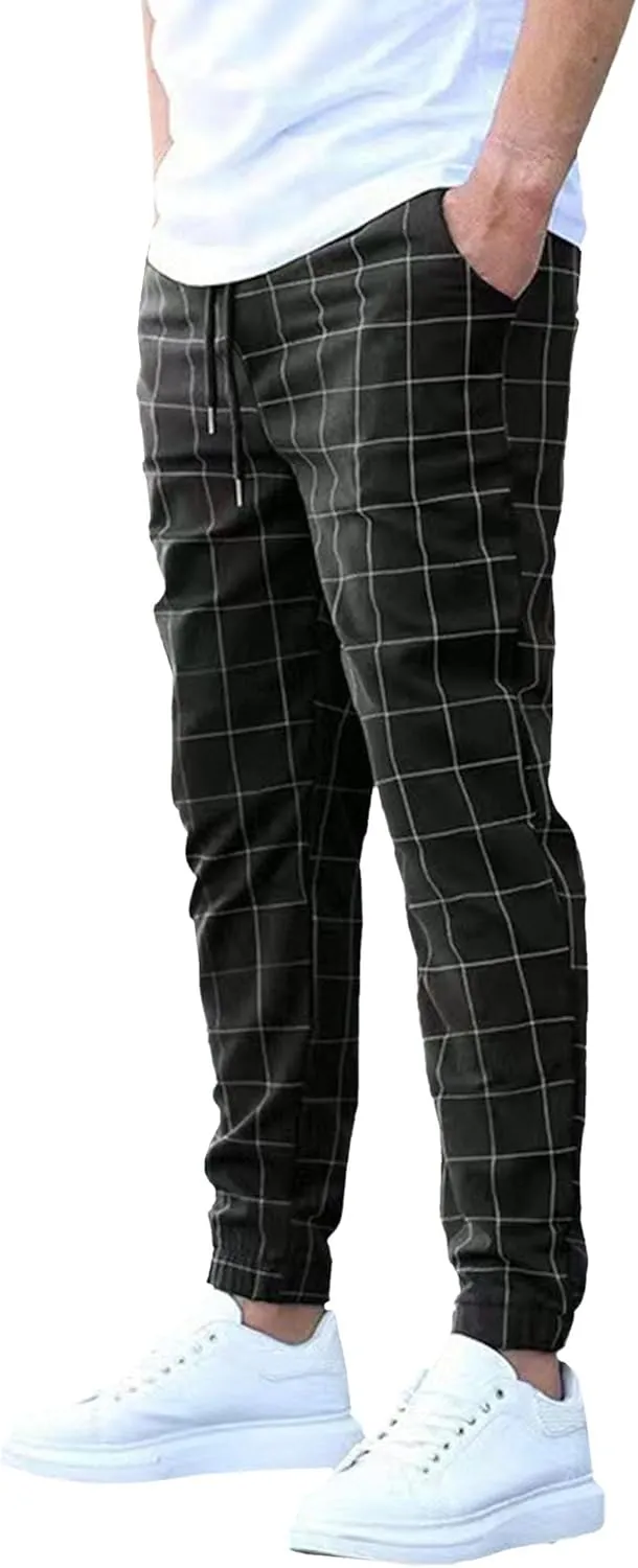 Men's Regular Plaid Slim Fit Trousers Fashion Casual Feet Suit Pants Casual Ankle Length Pencil Pants
