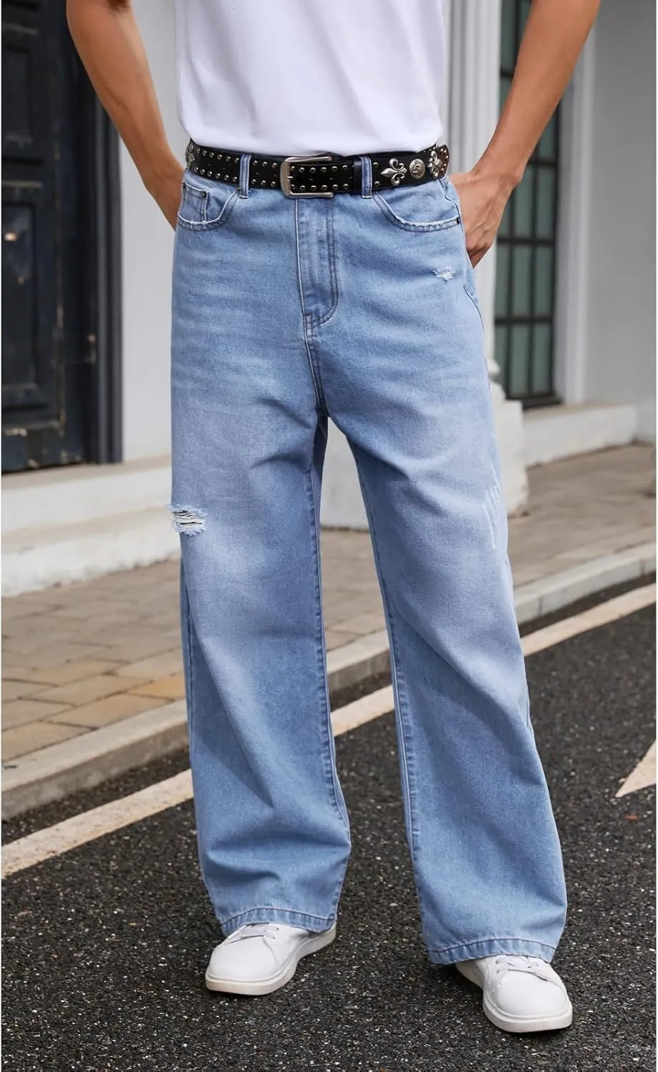 Men's Ripped Baggy Jeans Hip Hop Loose Fit Distressed Denim Pants Wide Leg Streetwear Trousers