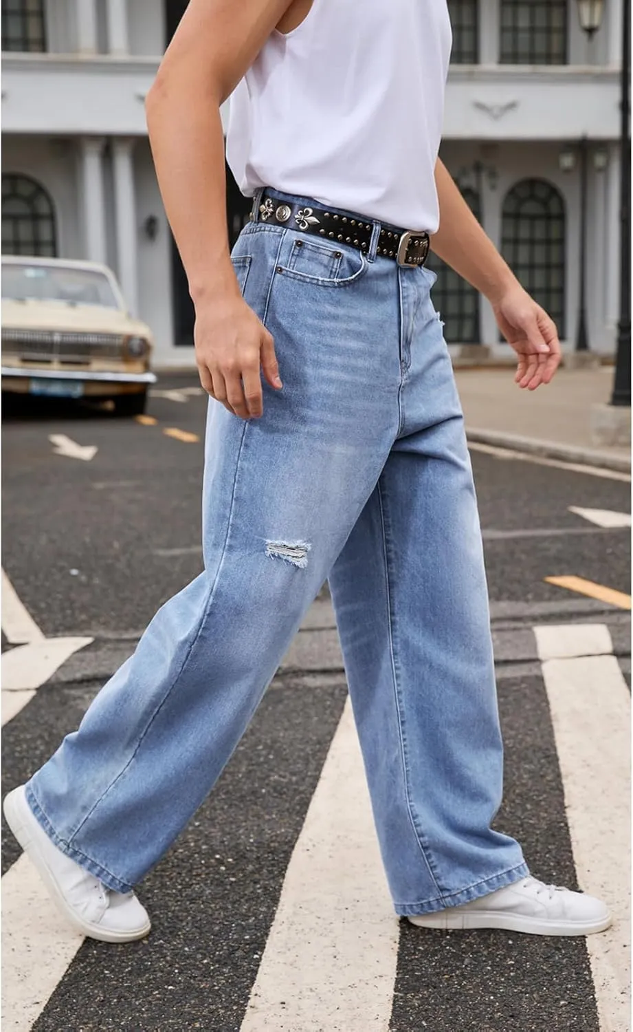 Men's Ripped Baggy Jeans Hip Hop Loose Fit Distressed Denim Pants Wide Leg Streetwear Trousers