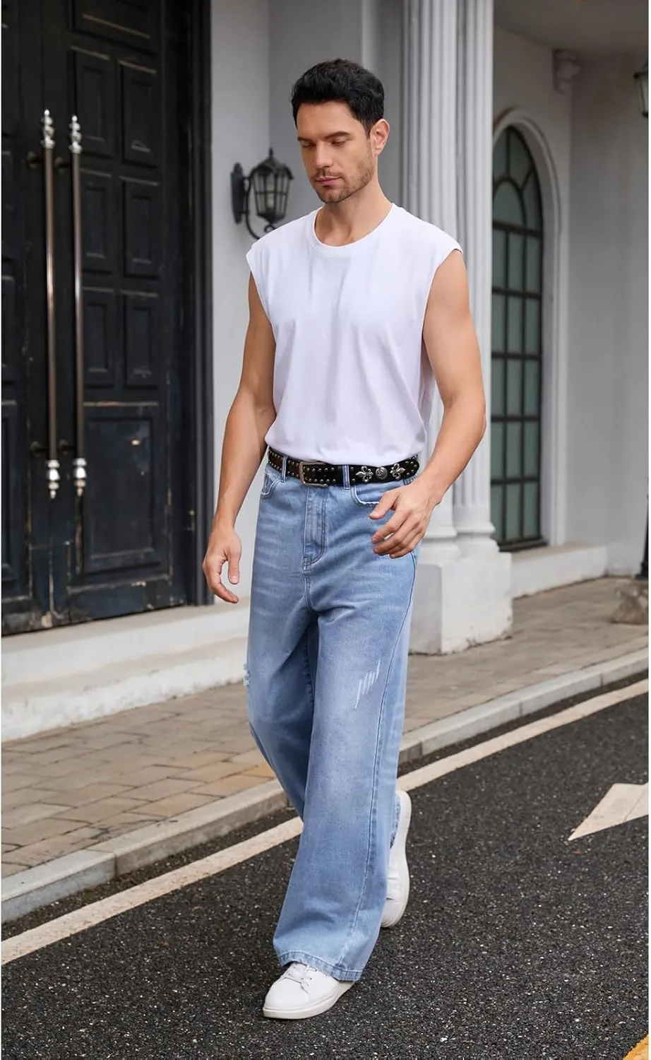 Men's Ripped Baggy Jeans Hip Hop Loose Fit Distressed Denim Pants Wide Leg Streetwear Trousers