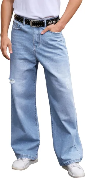 Men's Ripped Baggy Jeans Hip Hop Loose Fit Distressed Denim Pants Wide Leg Streetwear Trousers