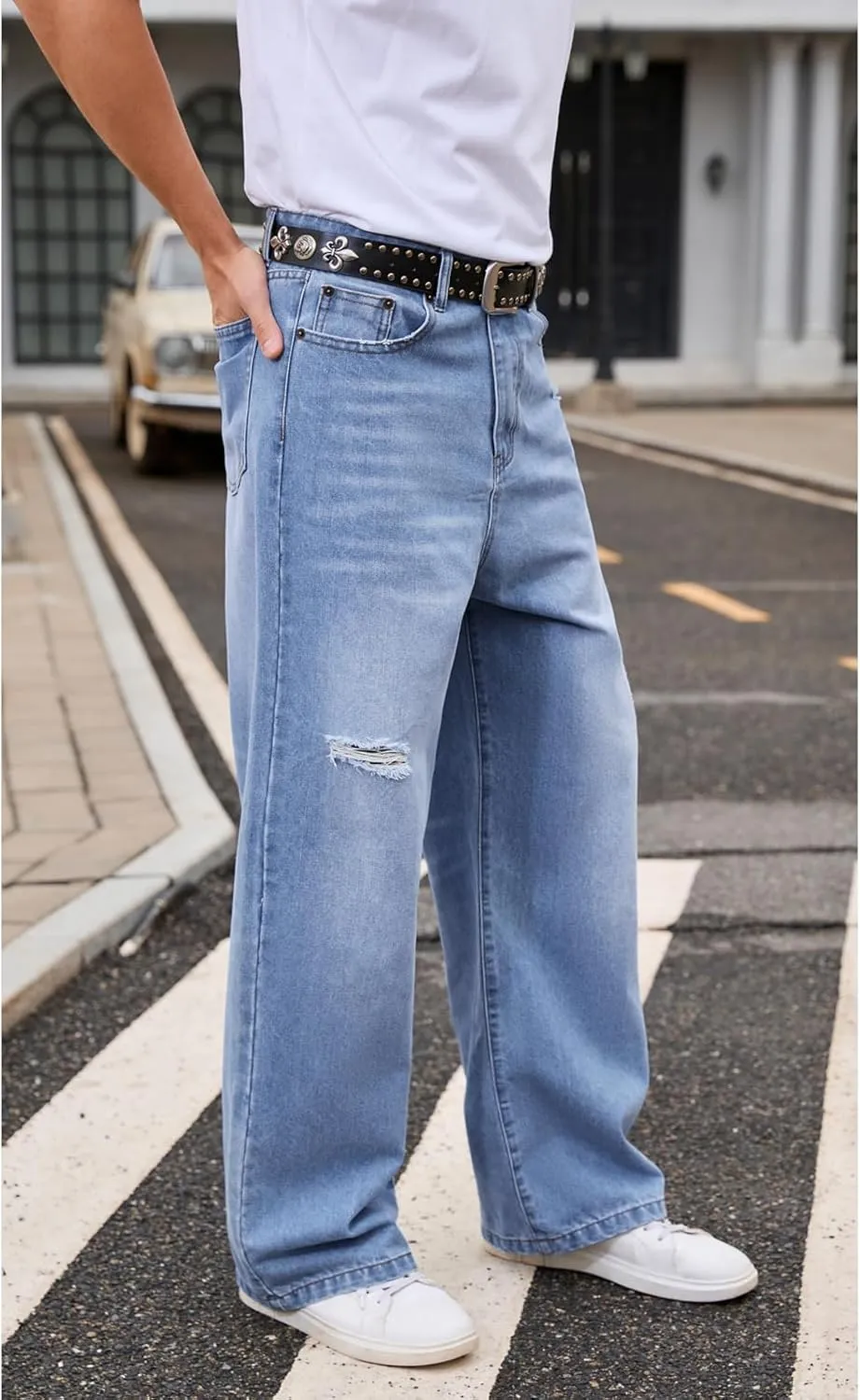 Men's Ripped Baggy Jeans Hip Hop Loose Fit Distressed Denim Pants Wide Leg Streetwear Trousers
