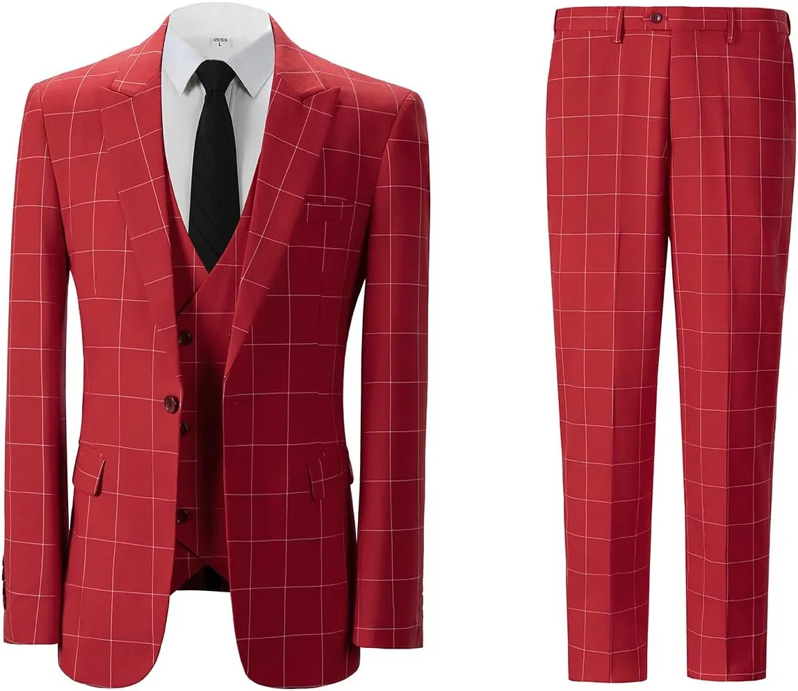 Men's Slim Fit 3 Piece Plaid Suit Set,Business Formal Attire Solid Blazer Jacket Vest Pants