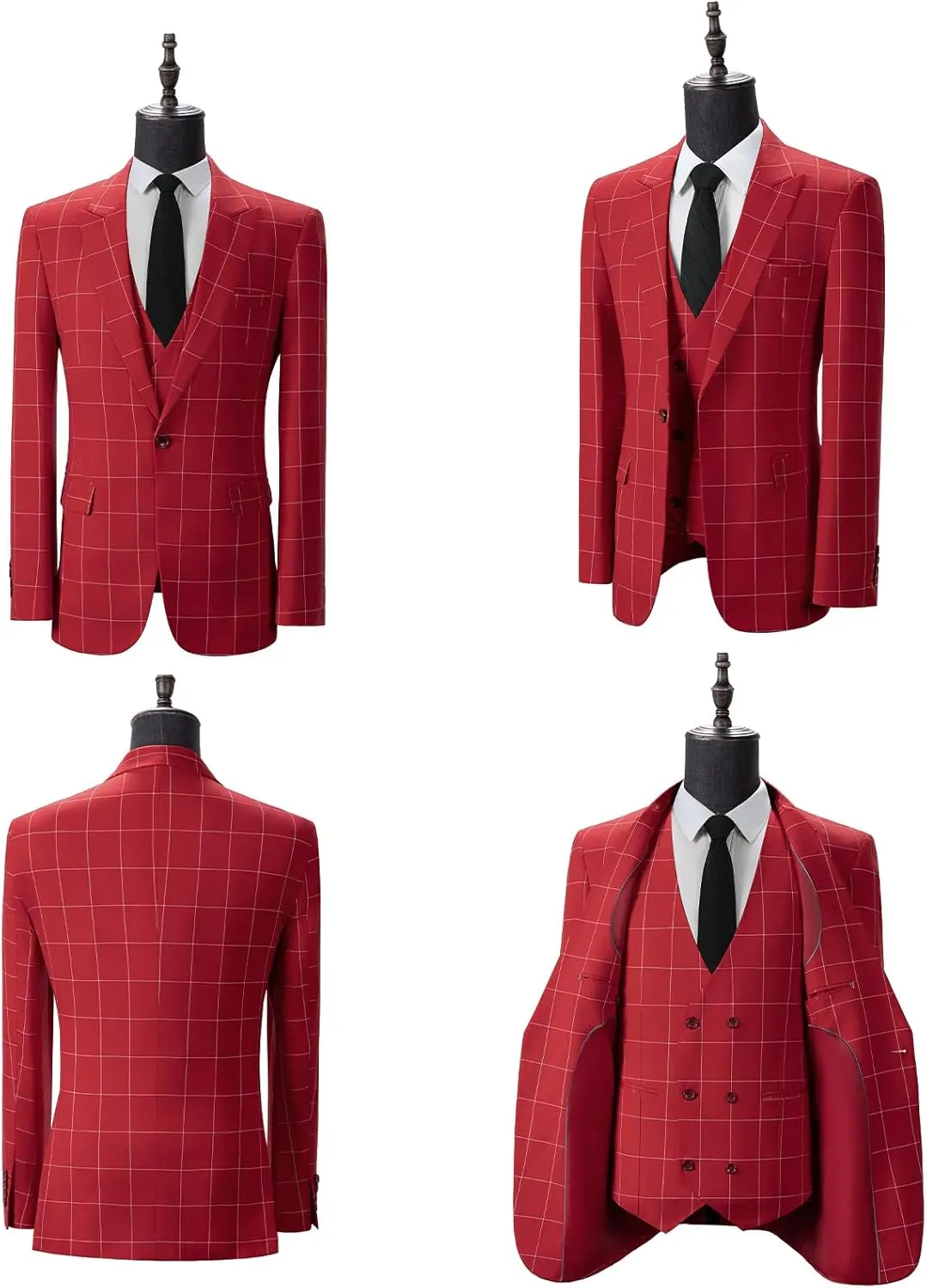 Men's Slim Fit 3 Piece Plaid Suit Set,Business Formal Attire Solid Blazer Jacket Vest Pants