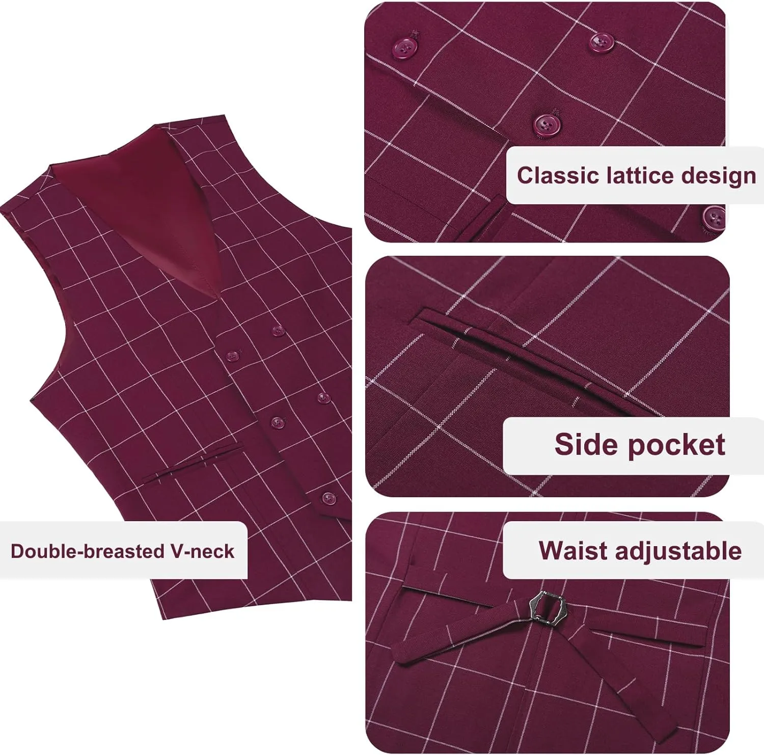 Men's Slim Fit 3 Piece Plaid Suit Set,Business Formal Attire Solid Blazer Jacket Vest Pants