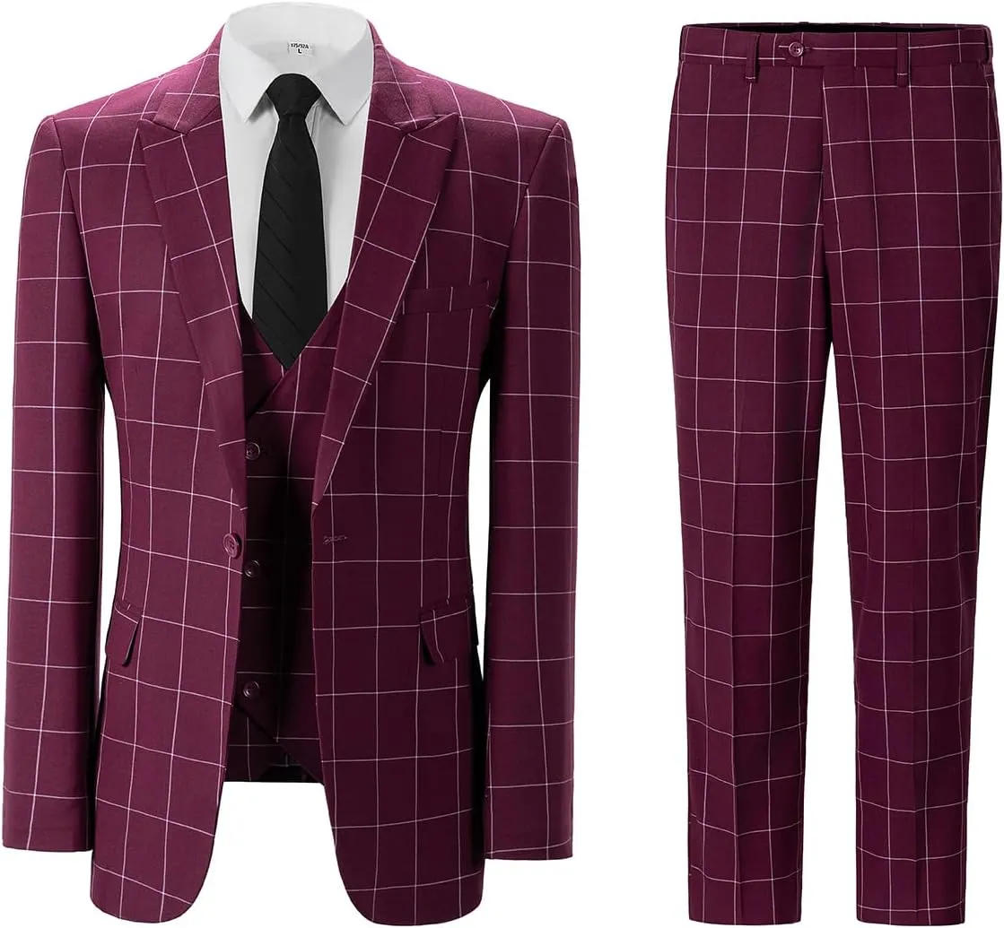 Men's Slim Fit 3 Piece Plaid Suit Set,Business Formal Attire Solid Blazer Jacket Vest Pants