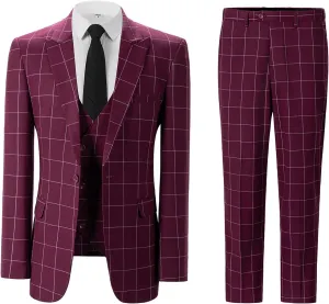 Men's Slim Fit 3 Piece Plaid Suit Set,Business Formal Attire Solid Blazer Jacket Vest Pants
