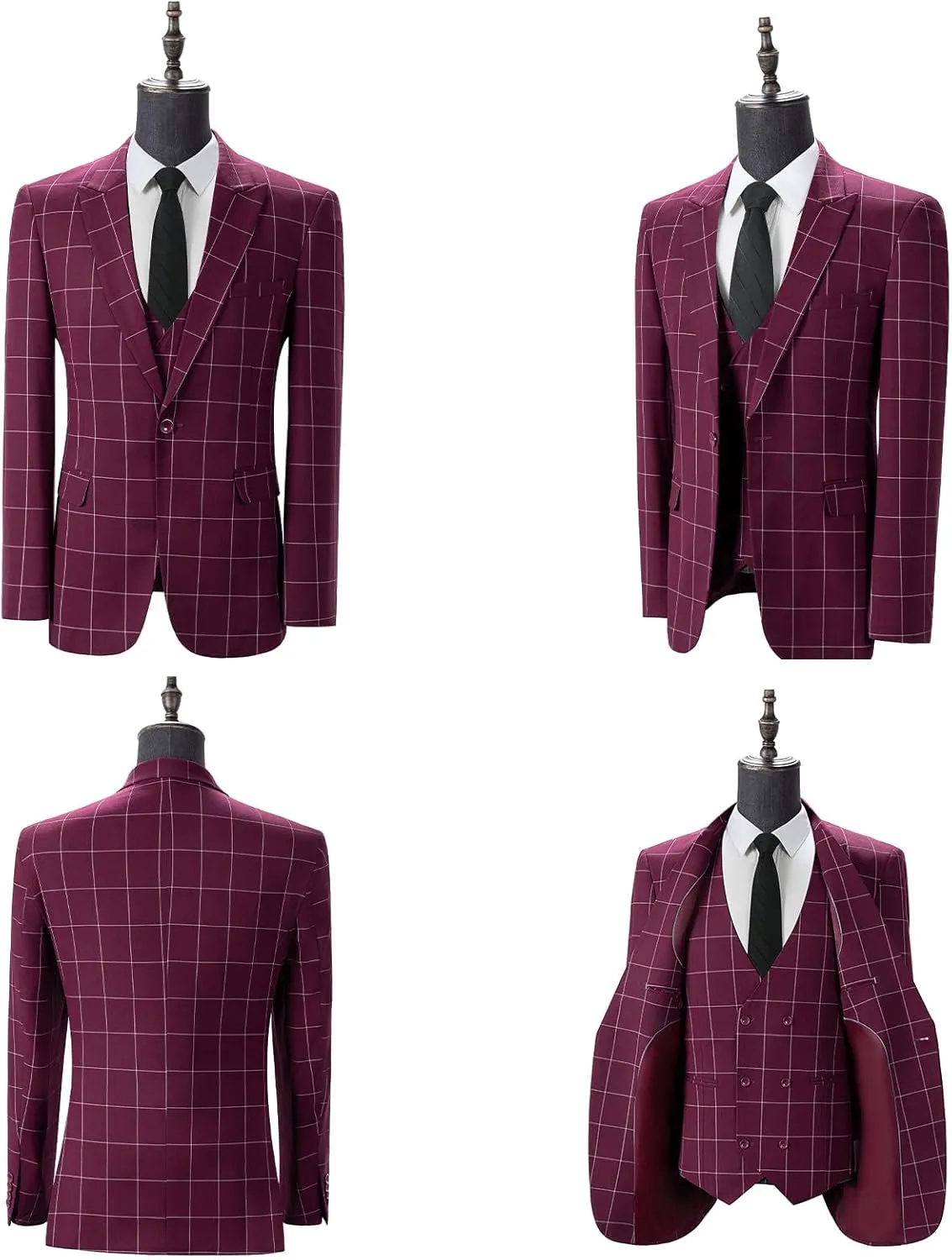 Men's Slim Fit 3 Piece Plaid Suit Set,Business Formal Attire Solid Blazer Jacket Vest Pants