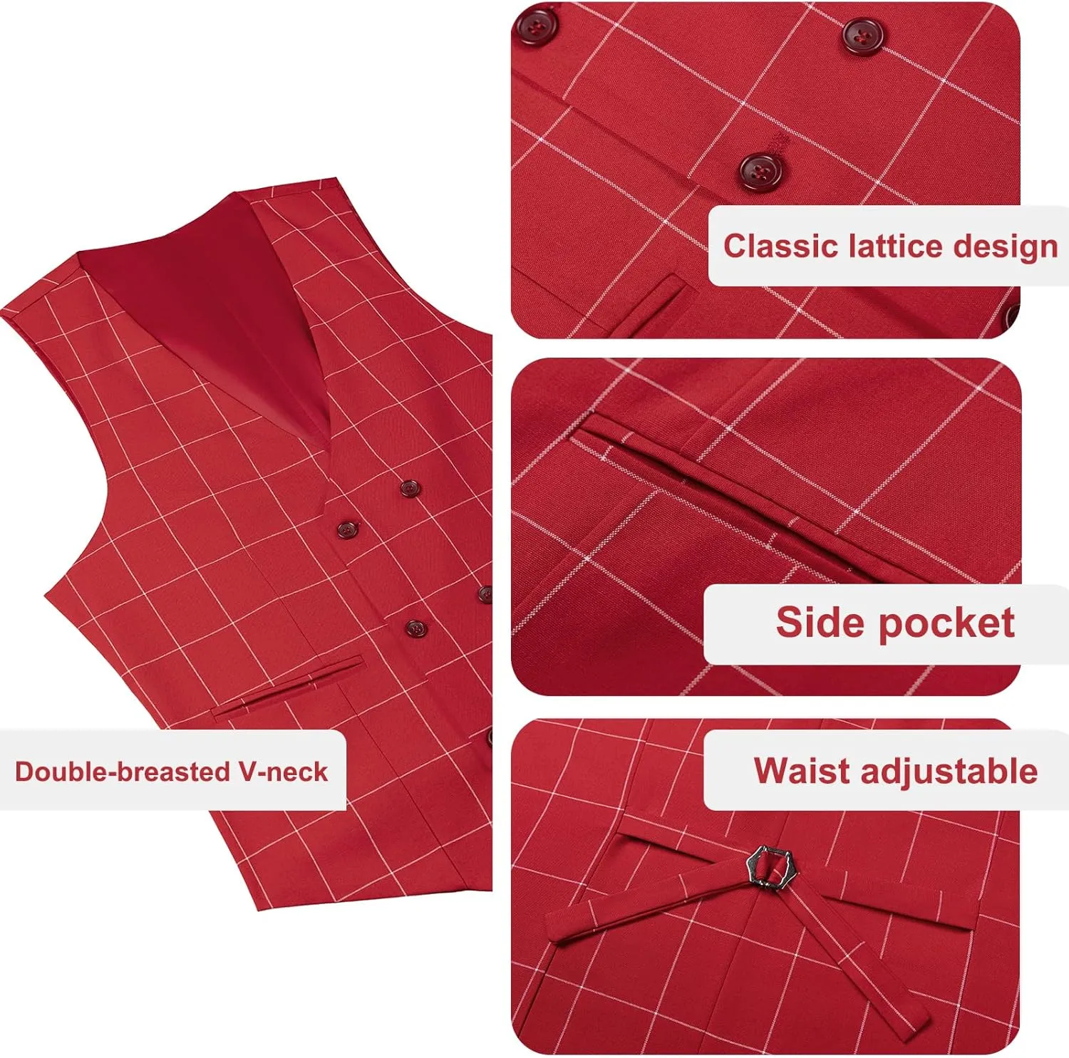 Men's Slim Fit 3 Piece Plaid Suit Set,Business Formal Attire Solid Blazer Jacket Vest Pants