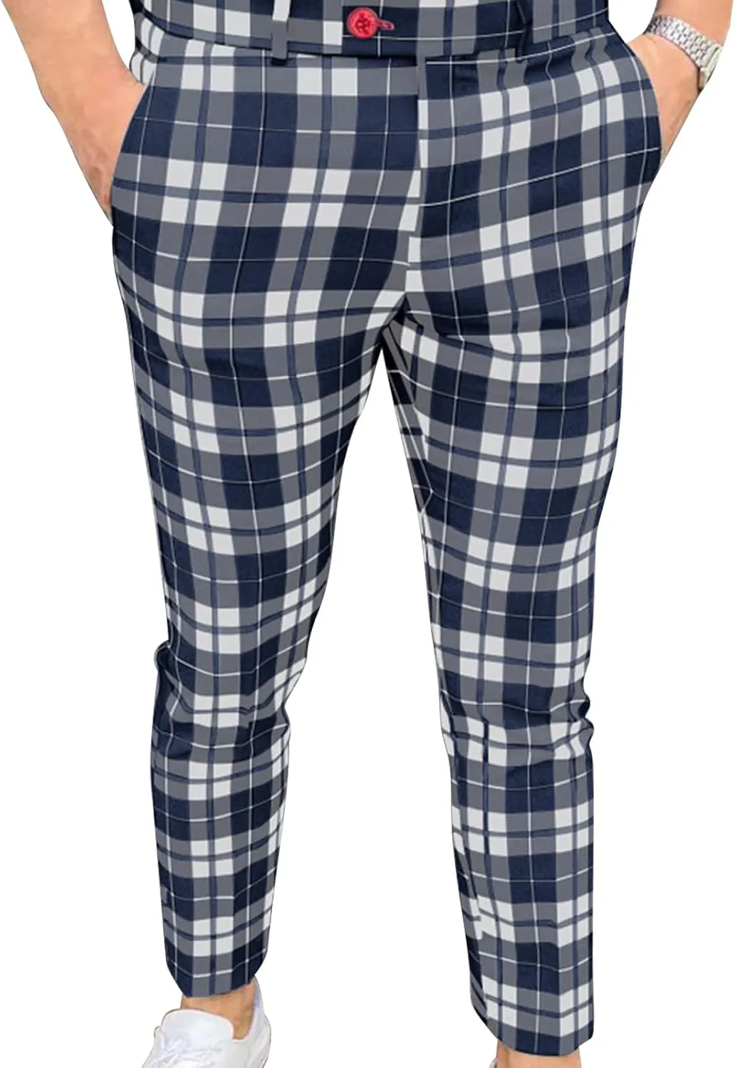 Men's Slim Fit Flat Front Dress Pants Plaid Casual Chinos Suit Pants Stretch Straight Fit Business Trousers