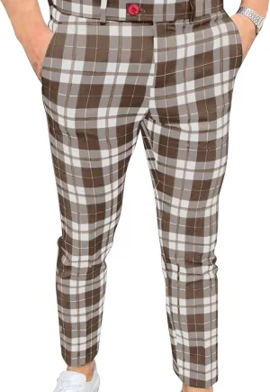 Men's Slim Fit Flat Front Dress Pants Plaid Casual Chinos Suit Pants Stretch Straight Fit Business Trousers