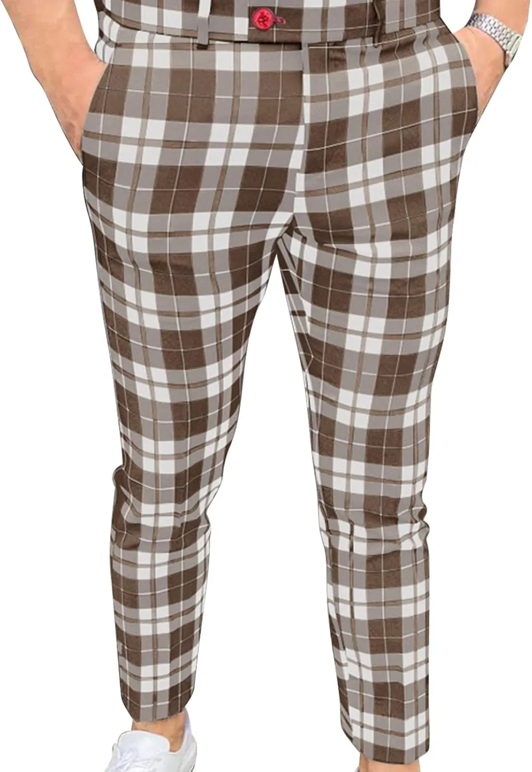 Men's Slim Fit Flat Front Dress Pants Plaid Casual Chinos Suit Pants Stretch Straight Fit Business Trousers