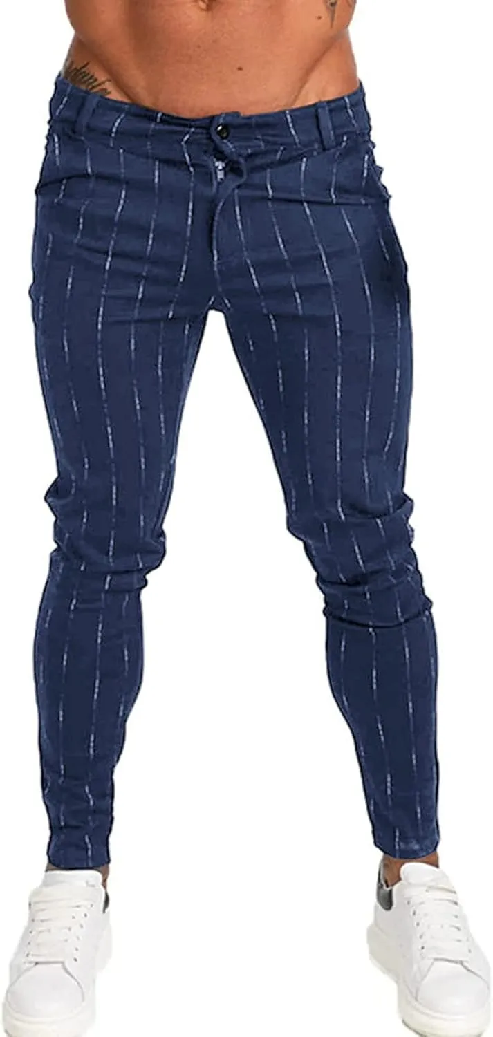 Men's Stripe Printed Dress Pants Skinny Stretch Chino Pencil Trousers Classic Slim Flat Front Golf Long Pants