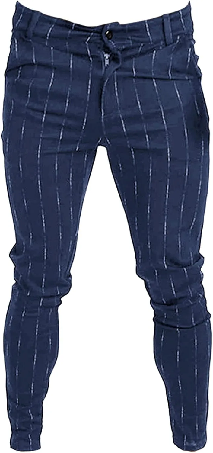 Men's Stripe Printed Dress Pants Skinny Stretch Chino Pencil Trousers Classic Slim Flat Front Golf Long Pants