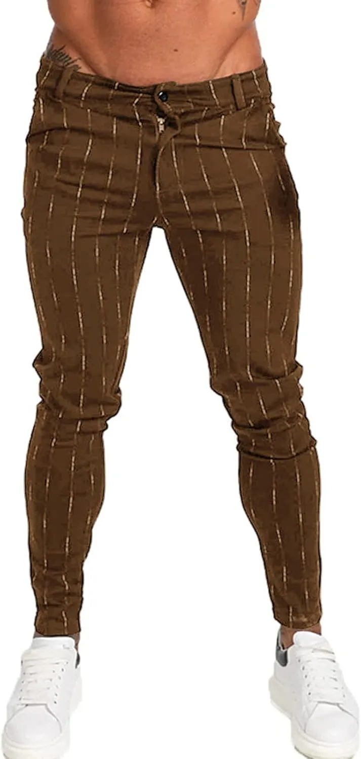 Men's Stripe Printed Dress Pants Skinny Stretch Chino Pencil Trousers Classic Slim Flat Front Golf Long Pants