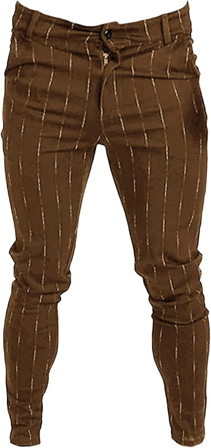 Men's Stripe Printed Dress Pants Skinny Stretch Chino Pencil Trousers Classic Slim Flat Front Golf Long Pants