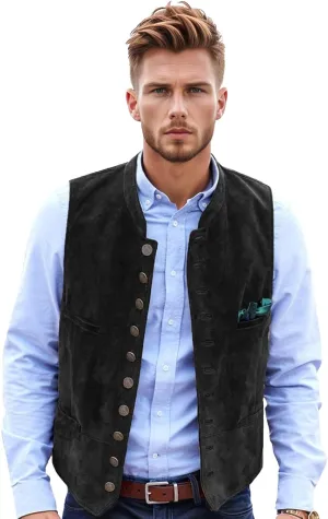 Men's Suede Leather Vest Casual Western Cowboy Jacket Wedding Waistcoat