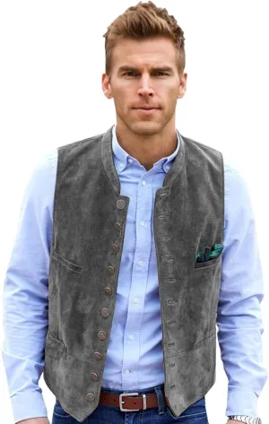 Men's Suede Leather Vest Casual Western Cowboy Jacket Wedding Waistcoat