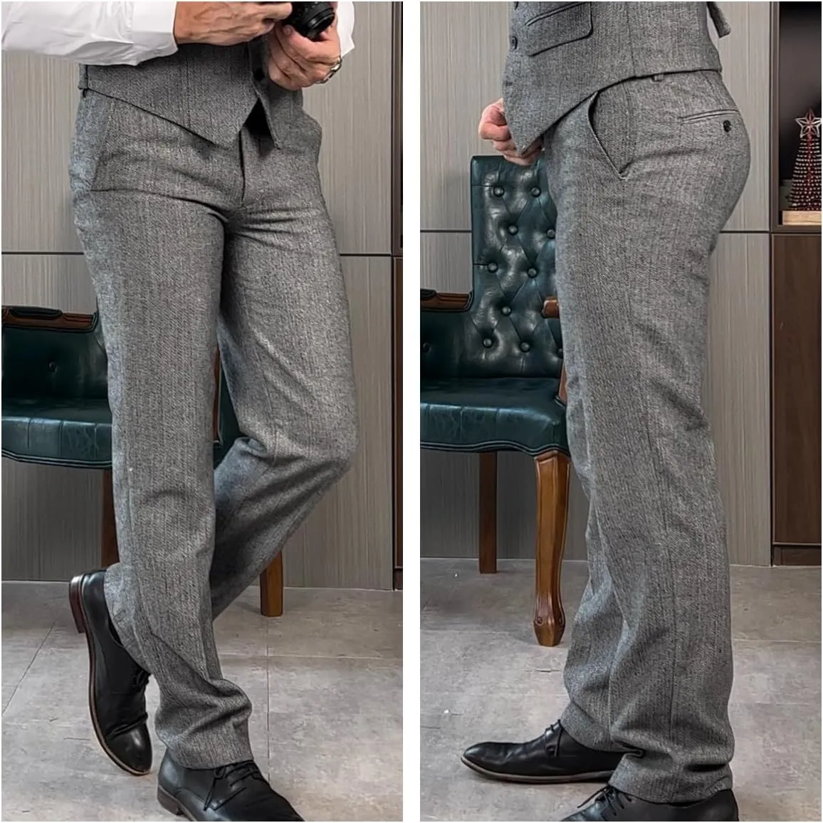 Men's Tweed Pants Herringbone Thick Wool Pleated Front Dress Suit Vintage Trousers