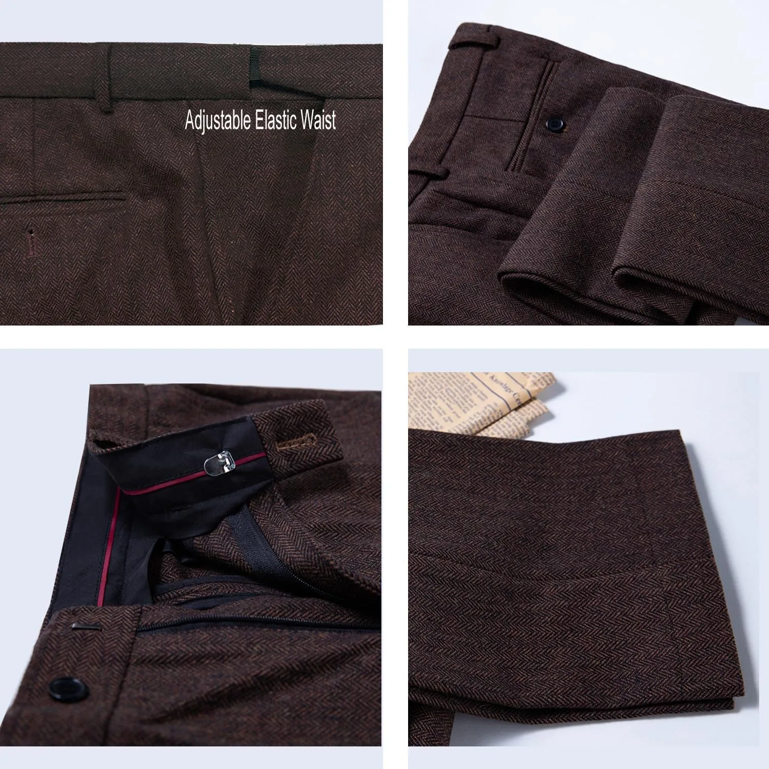 Men's Tweed Pants Herringbone Thick Wool Pleated Front Dress Suit Vintage Trousers