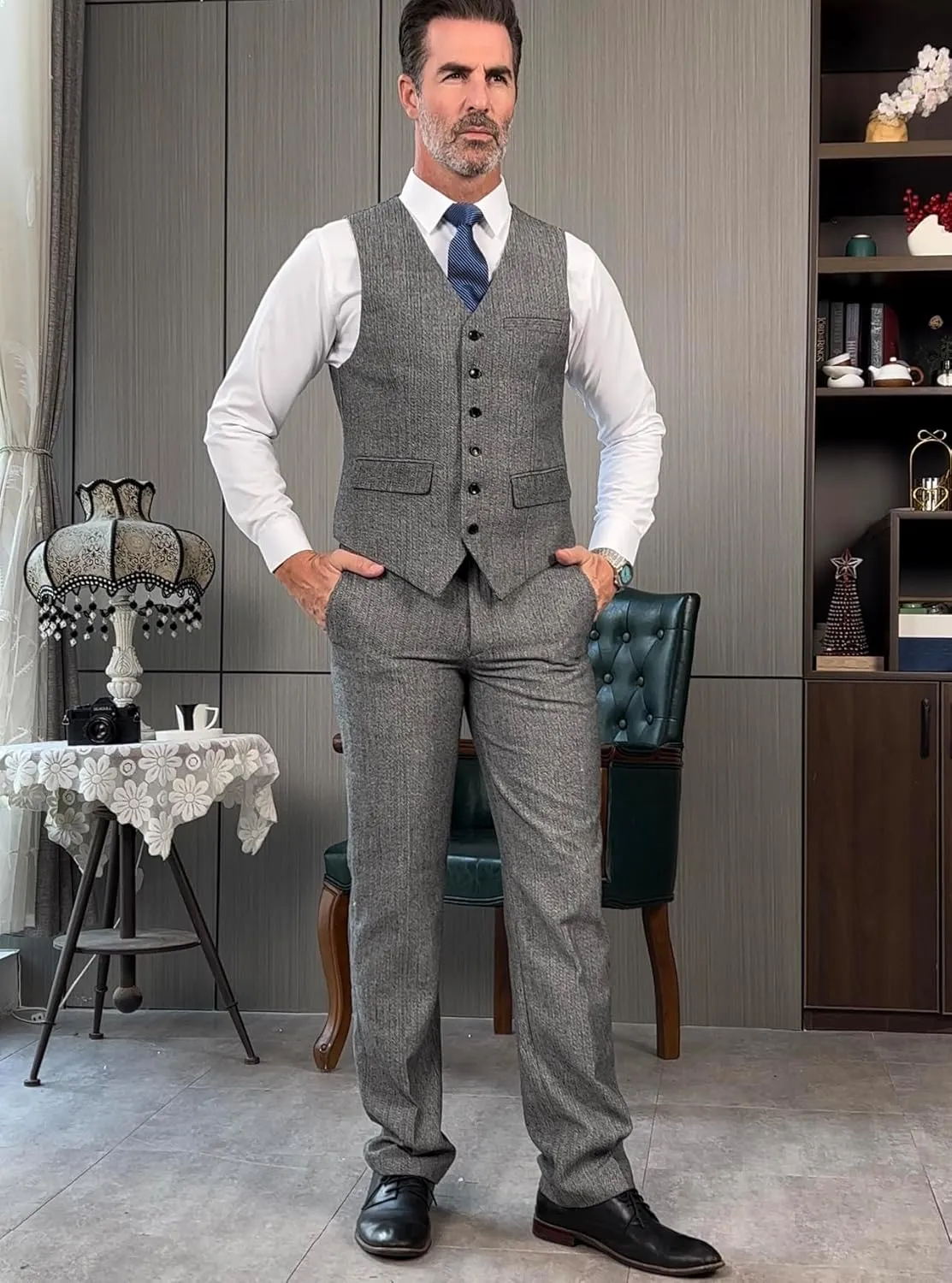 Men's Tweed Pants Herringbone Thick Wool Pleated Front Dress Suit Vintage Trousers