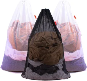 Mesh Laundry Bag Heavy Duty Drawstring Bag, Factories, College, Dorm, Travel and Apartment Dwellers, 24 x 36 Inches (2 White & 1 Black)