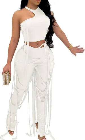 MESLIMA Women's Bandage 2 Piece Elastic Irregular Tank Top Solid Lace Up Bodycon Split Long Pant Sets Clubwear