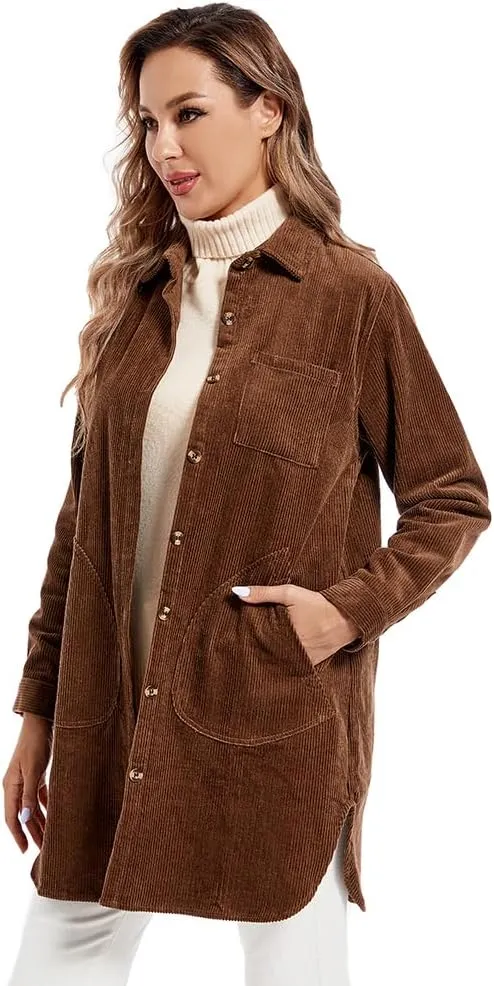 Minibee Women's Corduroy Shirt Coats Long Sleeve Button Down Blouses Tops with Pockets