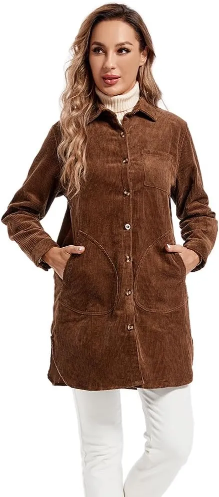 Minibee Women's Corduroy Shirt Coats Long Sleeve Button Down Blouses Tops with Pockets