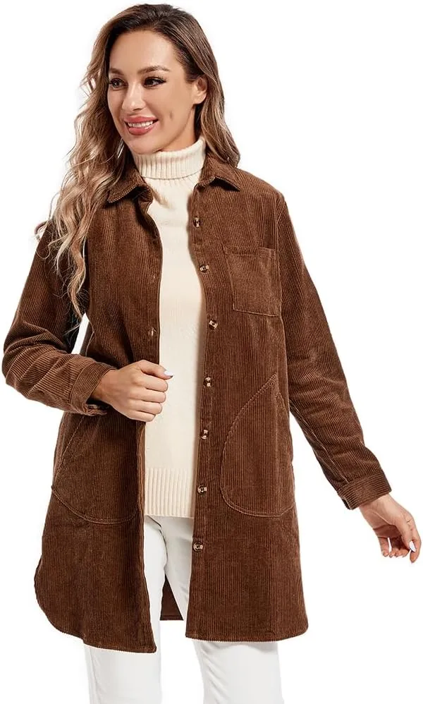 Minibee Women's Corduroy Shirt Coats Long Sleeve Button Down Blouses Tops with Pockets