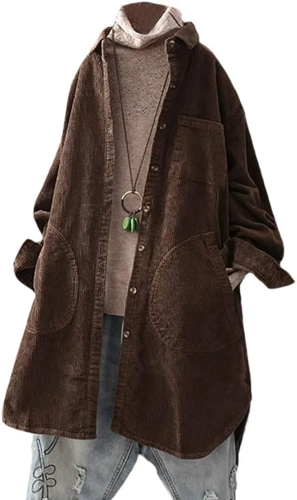 Minibee Women's Corduroy Shirt Coats Long Sleeve Button Down Blouses Tops with Pockets