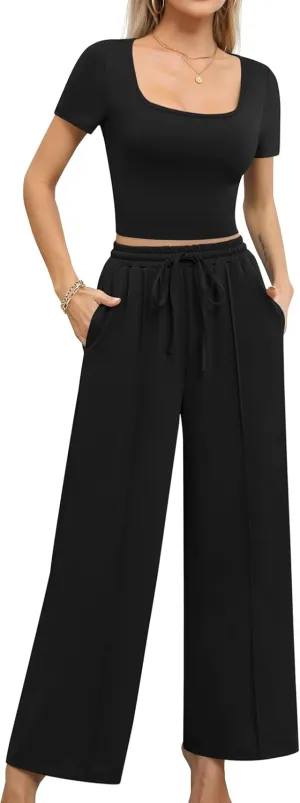 Missufe Women's 2 Piece Outfits Short Sleeve Crop Top and Wide Leg Pants Summer Lounge Set with Pockets