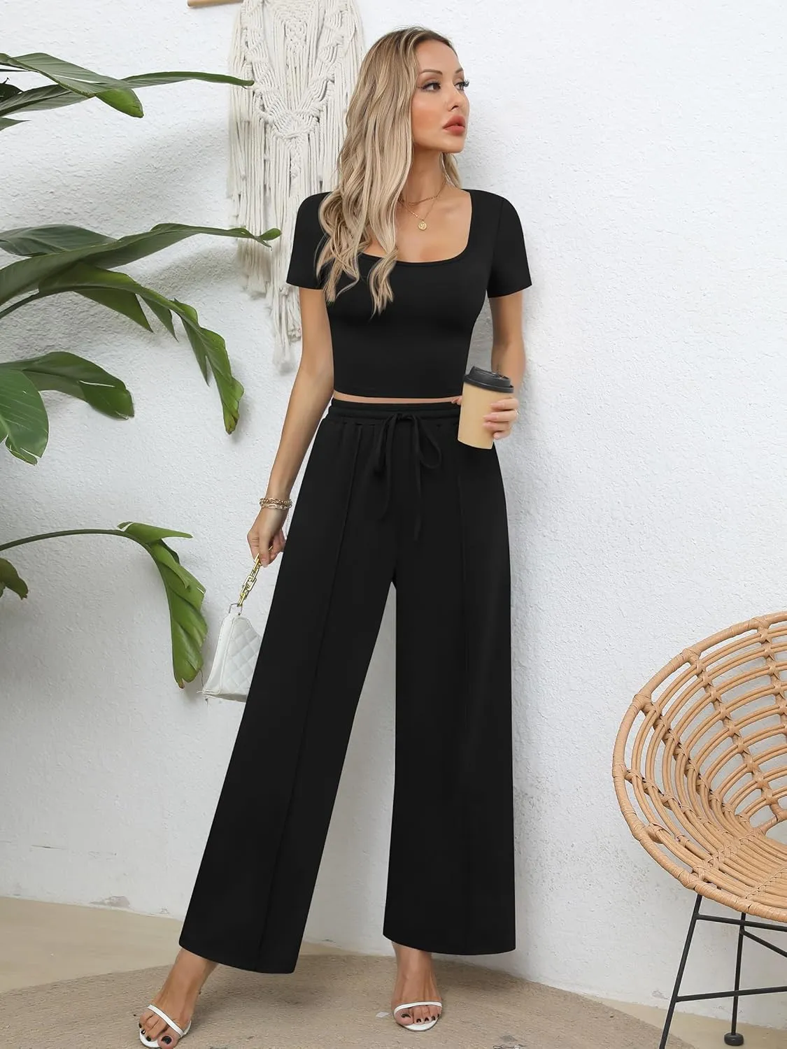Missufe Women's 2 Piece Outfits Short Sleeve Crop Top and Wide Leg Pants Summer Lounge Set with Pockets