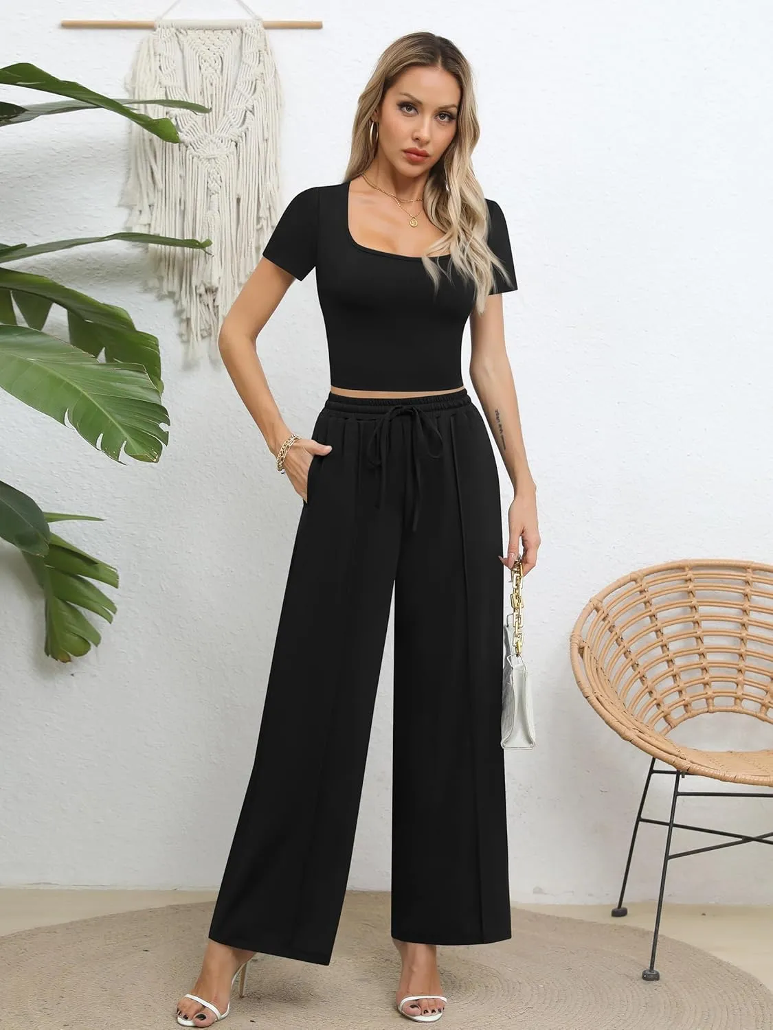 Missufe Women's 2 Piece Outfits Short Sleeve Crop Top and Wide Leg Pants Summer Lounge Set with Pockets