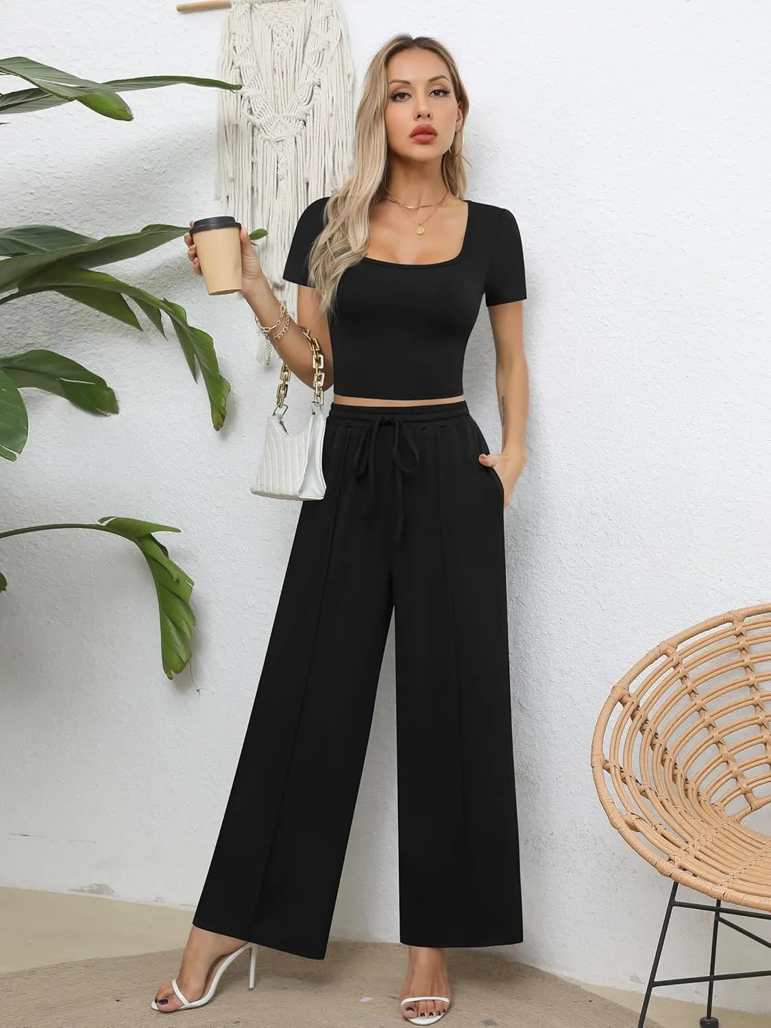 Missufe Women's 2 Piece Outfits Short Sleeve Crop Top and Wide Leg Pants Summer Lounge Set with Pockets