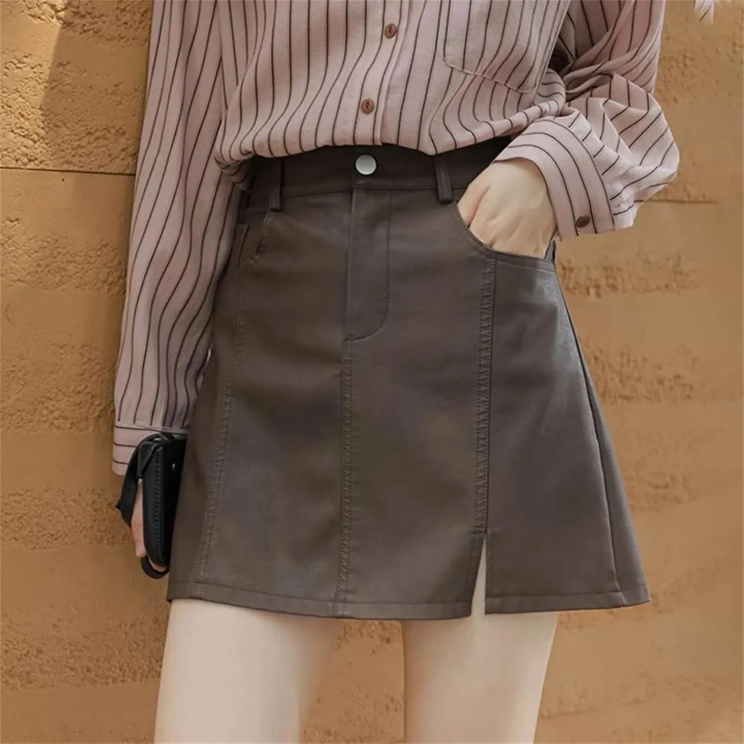 Mnjyihy Women Black PU Leather Skirt Brown High Waist A-Linesexy Slim Mini Pencil Skirts