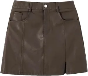 Mnjyihy Women Black PU Leather Skirt Brown High Waist A-Linesexy Slim Mini Pencil Skirts
