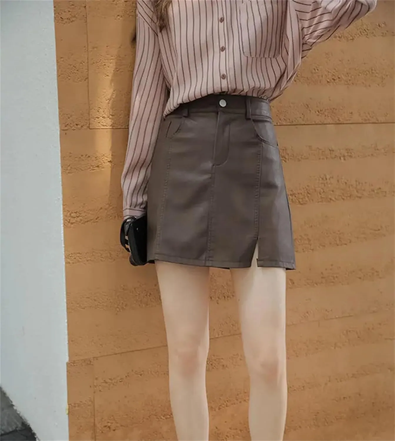 Mnjyihy Women Black PU Leather Skirt Brown High Waist A-Linesexy Slim Mini Pencil Skirts