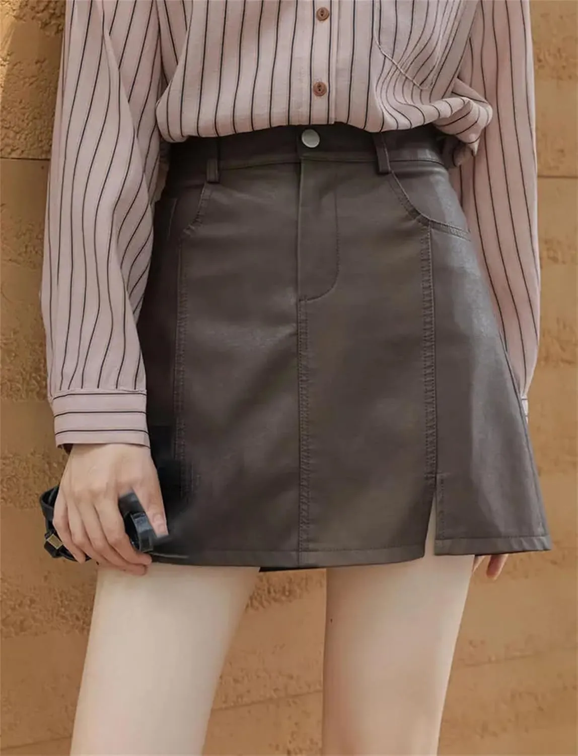 Mnjyihy Women Black PU Leather Skirt Brown High Waist A-Linesexy Slim Mini Pencil Skirts