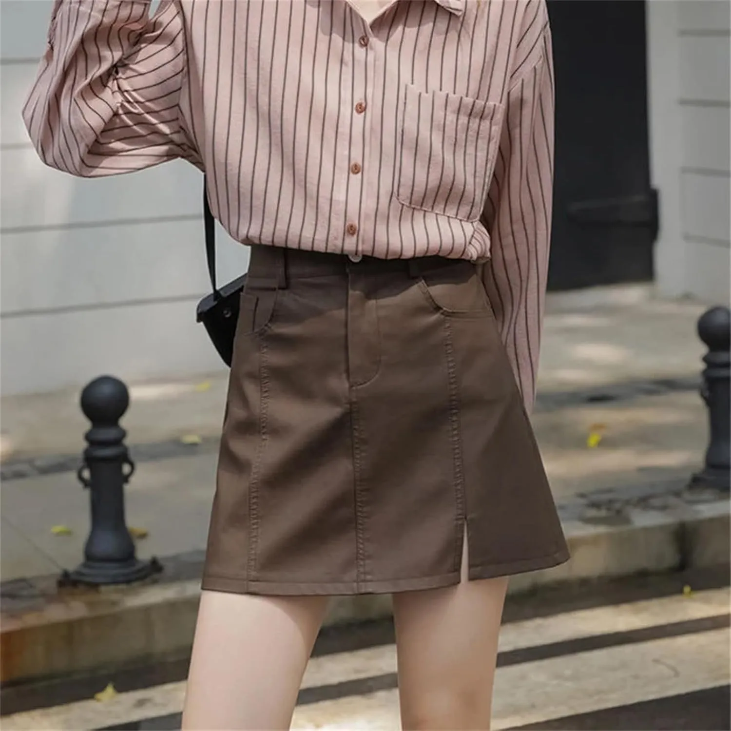 Mnjyihy Women Black PU Leather Skirt Brown High Waist A-Linesexy Slim Mini Pencil Skirts