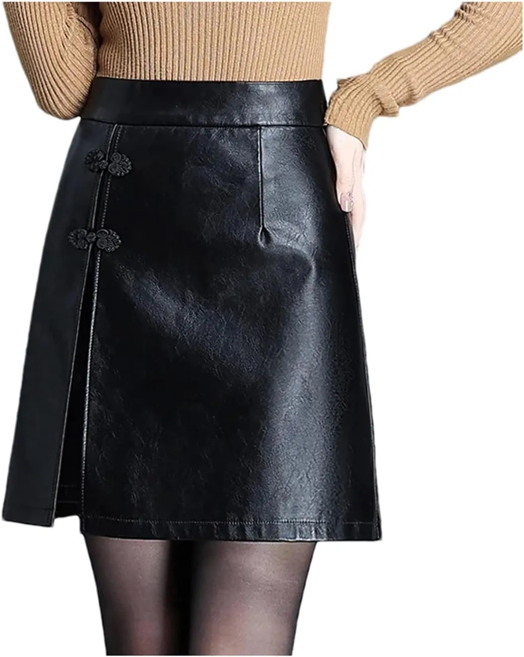 Mnjyihy Women PU Leather Sexy Skirt Black Short High Waisted Side Slit Bodycon Pencil Skirt Boot Skirt
